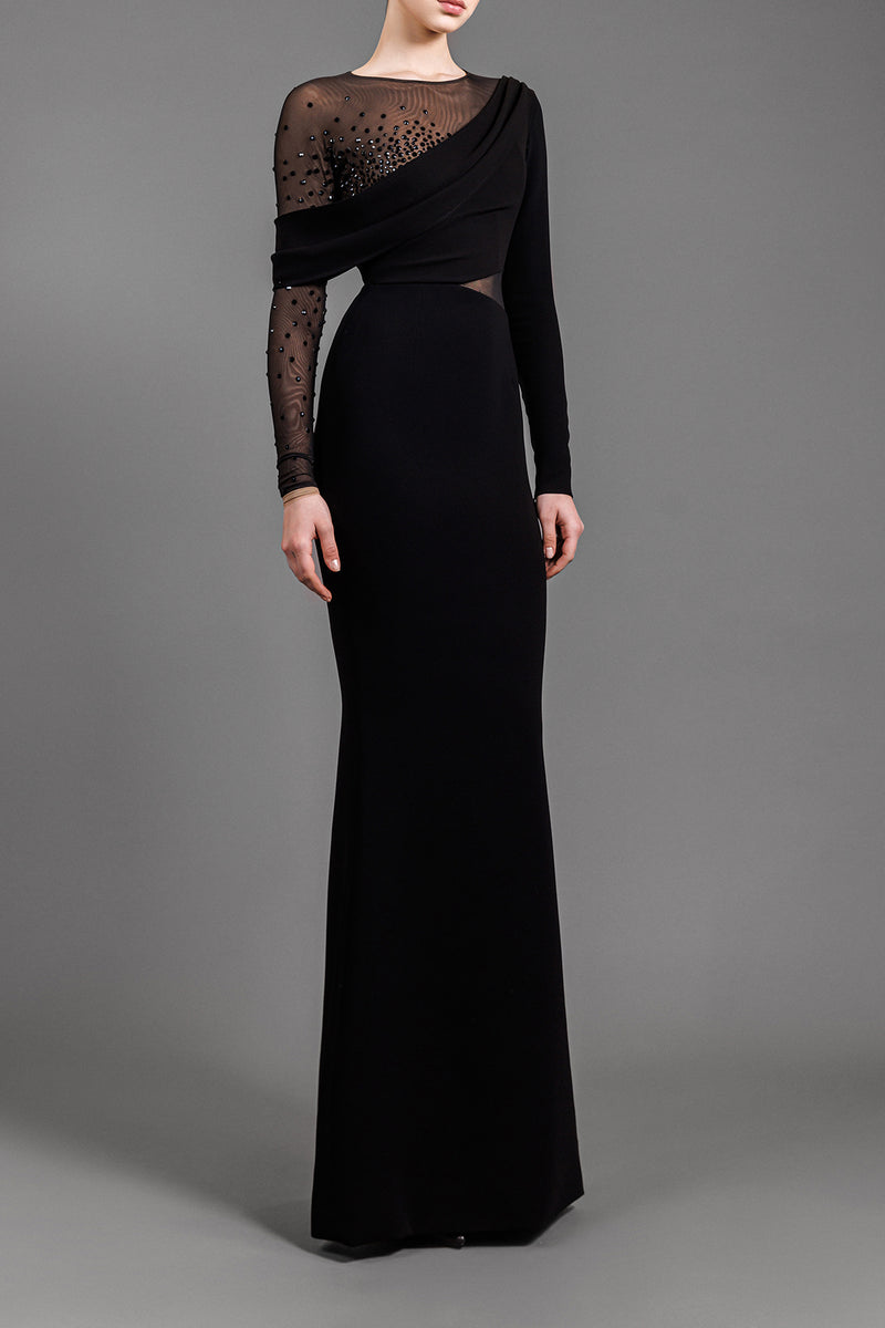 Long sleeved black crêpe dress with tulle and black crystals