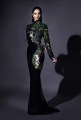 Slinky black shimmer lurex crêpe gown lavishly illustrated with the Babylonian Phoenix in hand-cut and lacquered mother-of-pearl, 3D silk and metallic threadwork, crystals and macro sequins