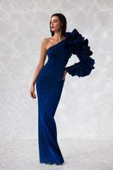 Asymmetric dress in deep ocean blue lurex and a sleeve with exploded ruffles