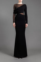 Black crêpe dress with tulle and black crystals