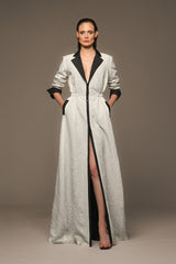 Ivory crushed taffeta shirt-dress with black contrasting lapel and cuffs