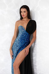 Plunging asymmetric corseted gown in black silk chiffon and tulle embroidered with blue ombré crystals