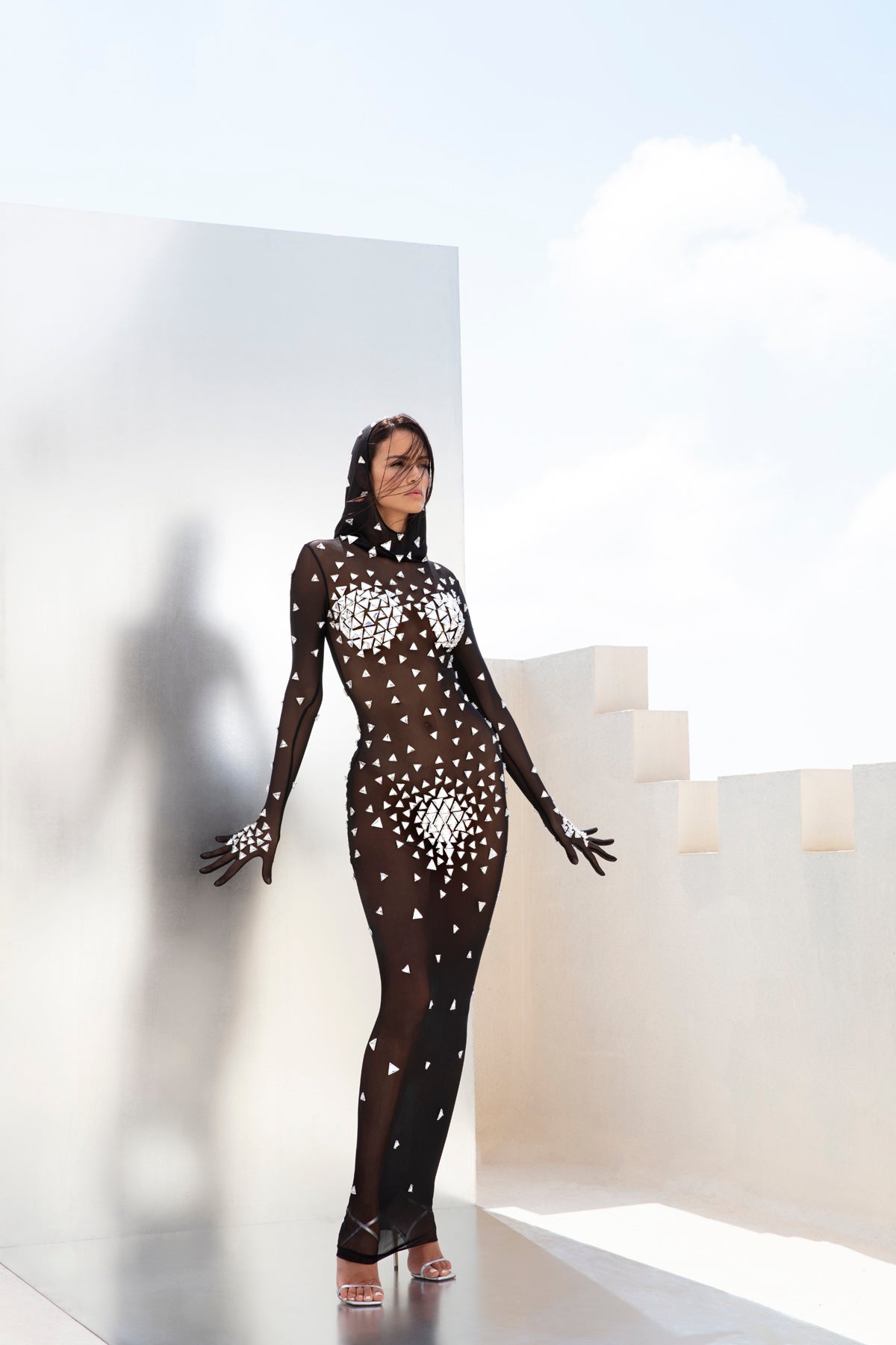 Crystal embroidered dress with hoodie