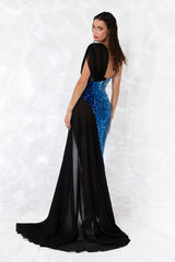 Sweetheart neckline asymmetric corseted gown in black silk chiffon and tulle embroidered with blue ombré crystals