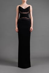 Black crêpe dress with a visible corset