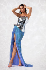 Asymmetrical creation consisting of a corset in mirror plexiglass and a skirt in foiled tulle