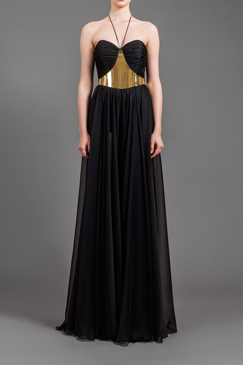 Black chiffon dress with a metal gold structured belt