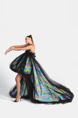 Puffball gown in black tulle and rainbow reflective taffeta with a black velvet corset embellished with coq plumes