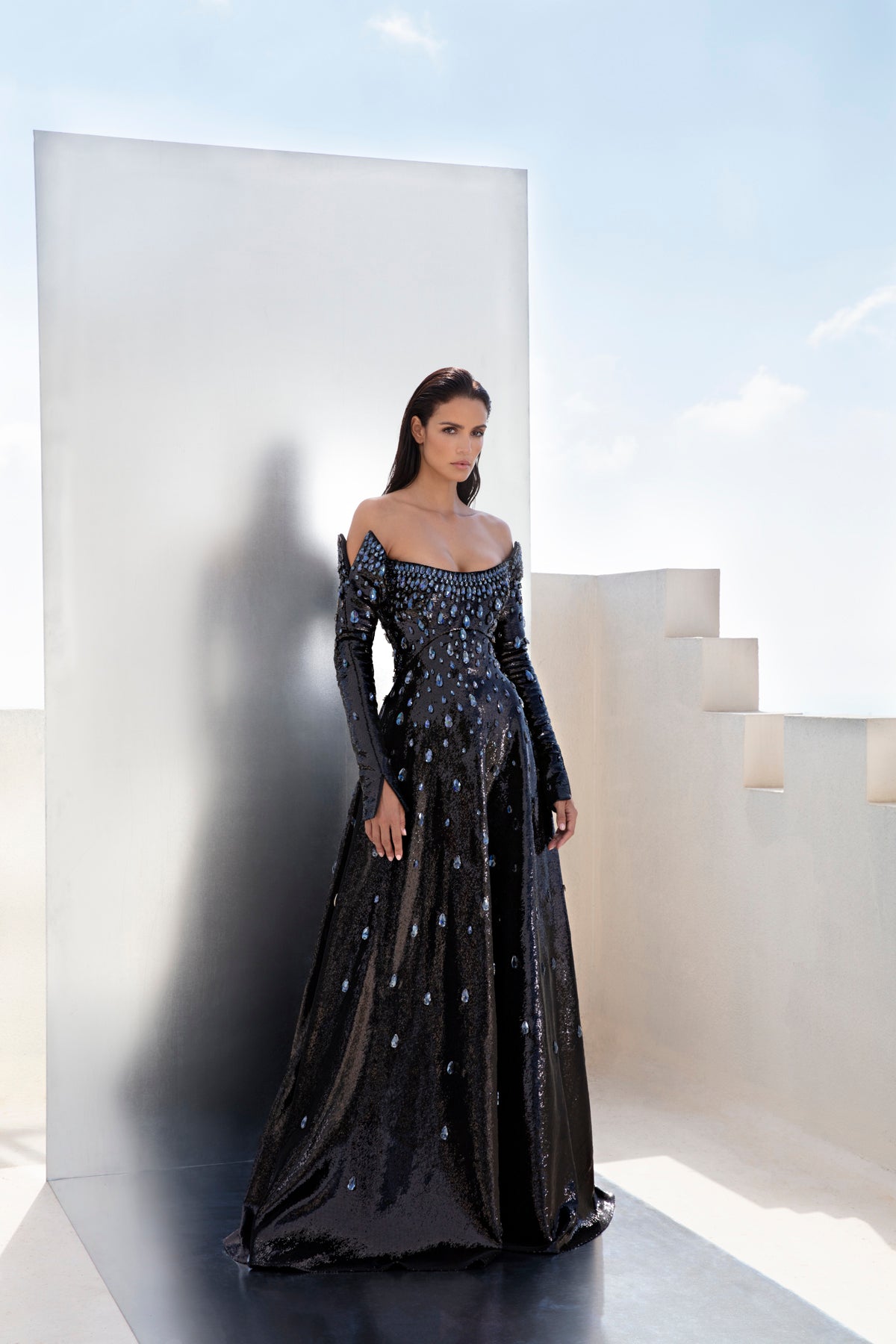 Off the shoulders fully embroidered sequined dress
