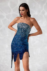 Sleeveless corseted mini dress embroidered with blue ombré crystals