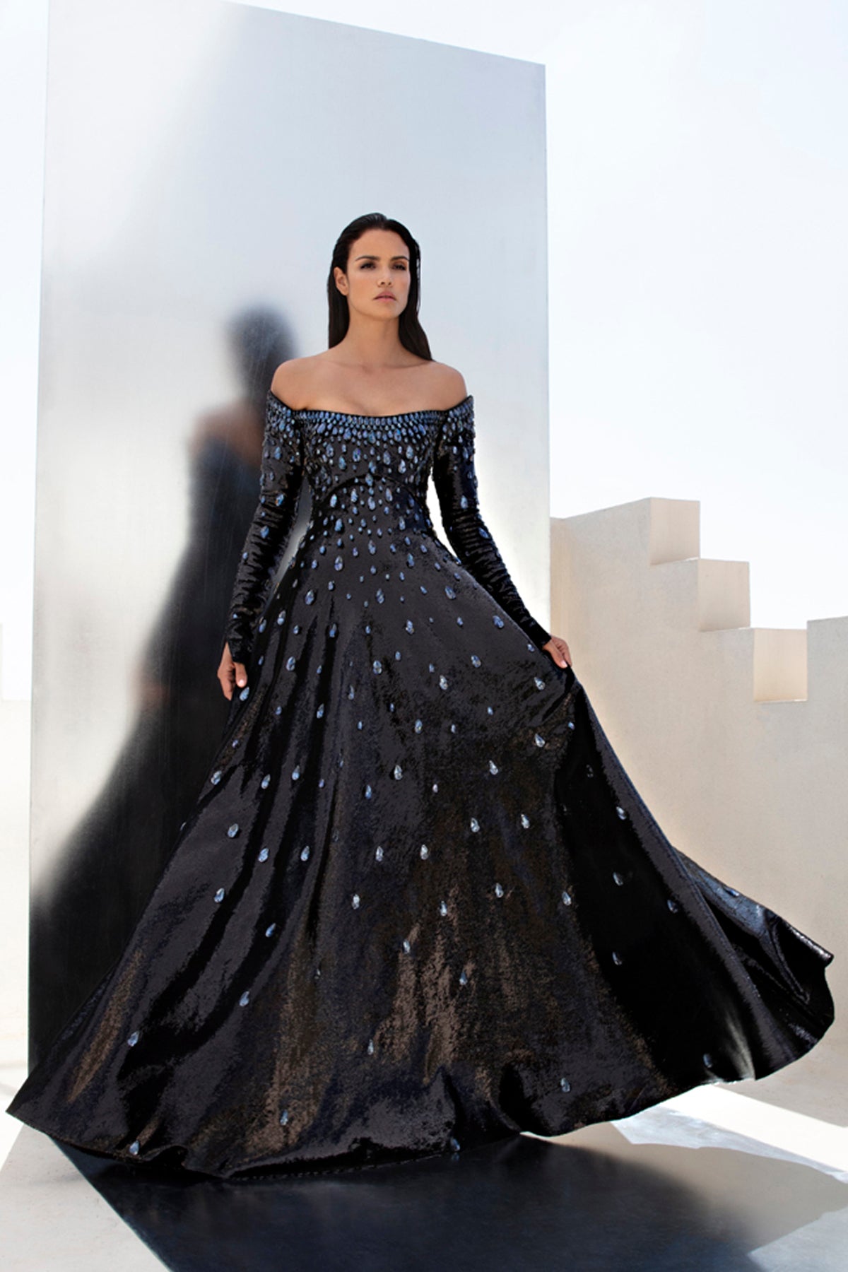 Long sleeved fully embroidered sequined dress