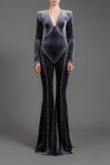 Grey velvet jumpsuit with crystal embroidery
