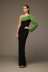 One-shoulder black crêpe dress with green crystal chainmail