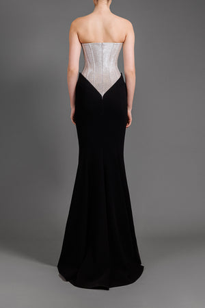 Strapless silver and black dress in lurex and crêpe with structured corset
