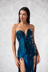 Plunging corseted dress in capri blue metallic lamé fully embellished with blown glass water drops