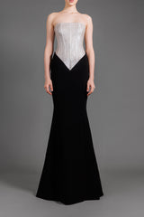 Beige and black strapless dress in lurex and crêpe with structured corset