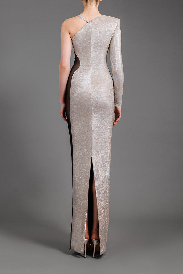 Optical illusion tulle detailing on asymmetrical lurex silver dress 