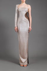 Asymmetrical lurex silver dress with optical illusion tulle detailing