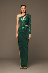 One-shoulder green lamé dress with cutouts and chains
