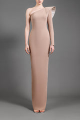 One-shoulder nude crêpe dress with structured sleeve