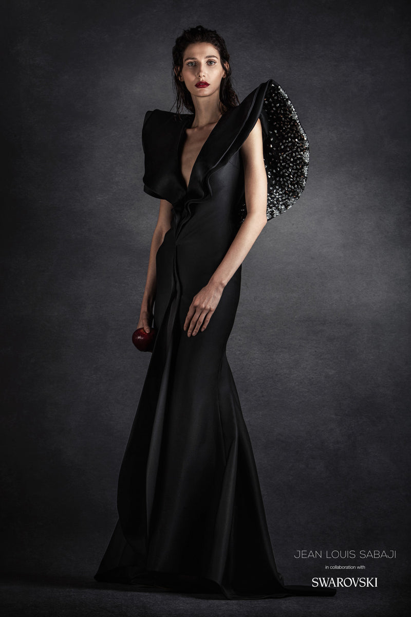 Black gazar mermaid dress with Swarovski embellished oversized structured shoulders