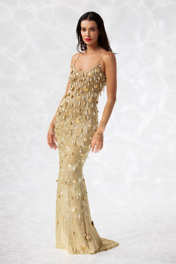 Gold mesh mermaid dress fully embroidered with pearl drops, crystals, and hand-painted shells