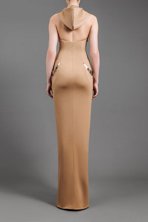 Nude jersey fitted dress with hoodie and metal structured detailing on pockets