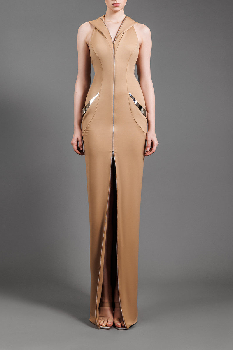 Nude jersey hooded dress with silver metal structured detailing on pockets