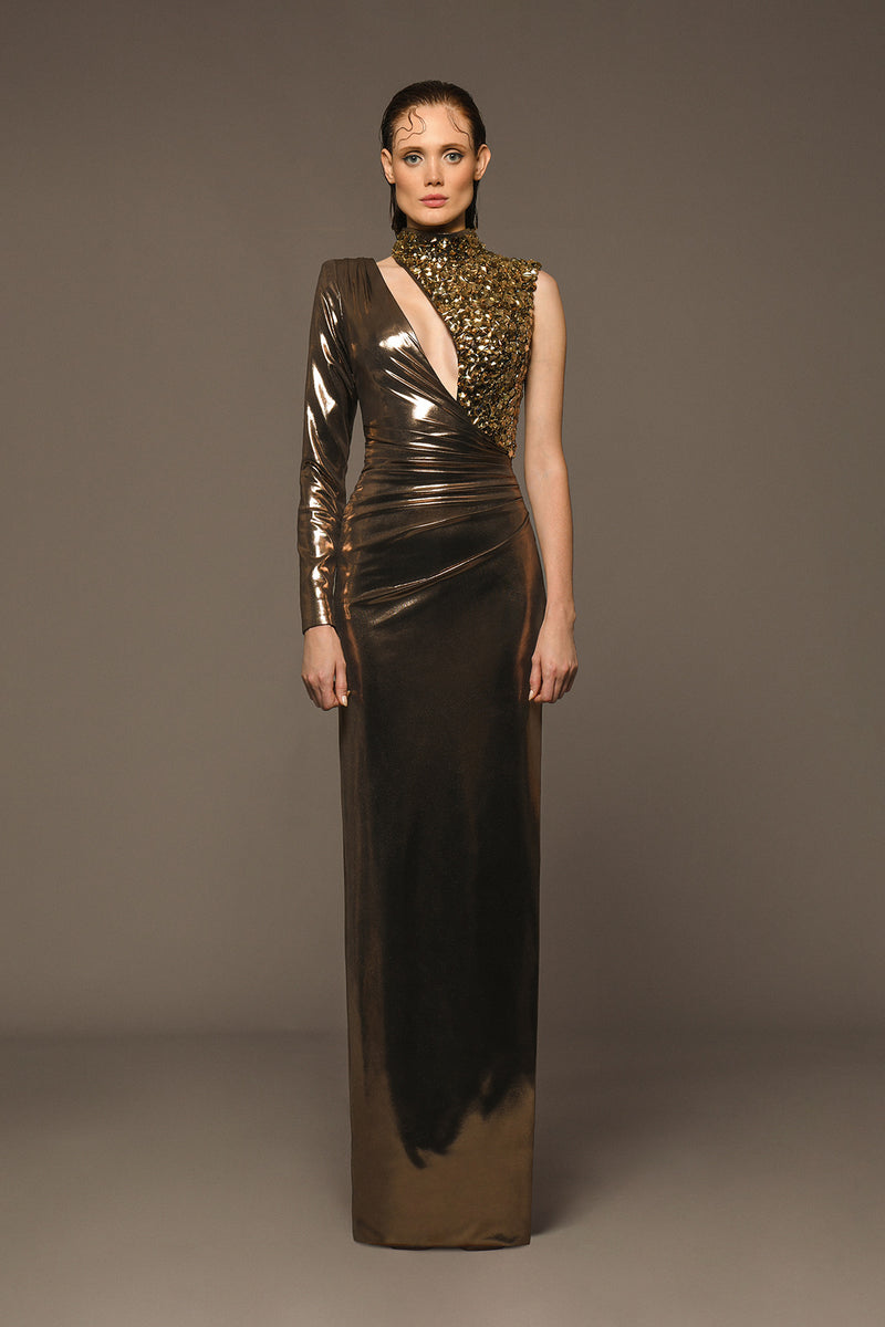 Asymmetrical bronze lamé dress