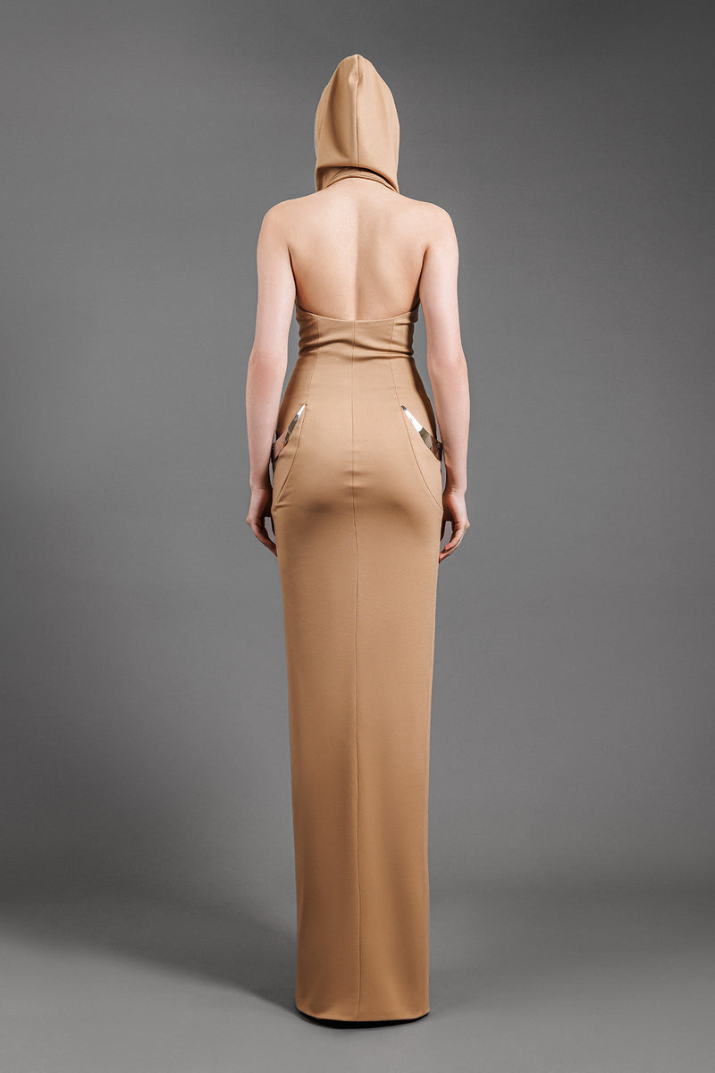 Hooded nude jersey dress with structured metal detailing on pockets