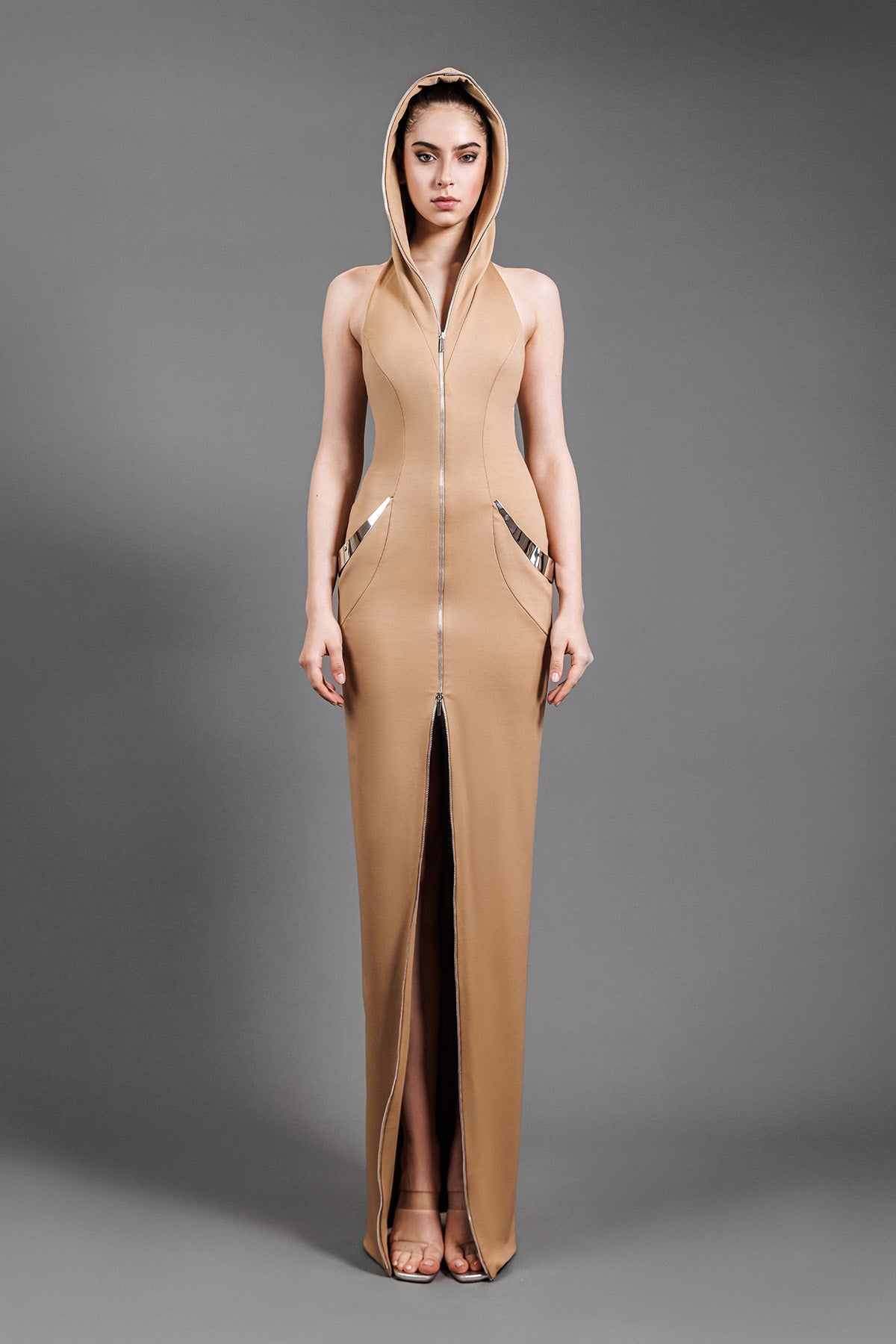 Beige jersey hooded dress with metal structured detailing on pockets