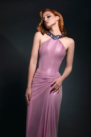 Metallic pink net mesh corseted draped dress