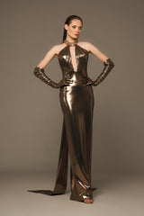 Bronze lamé dress with chains and gloves