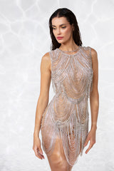 Sheer mini-dress embroidered with crystal-cup chains