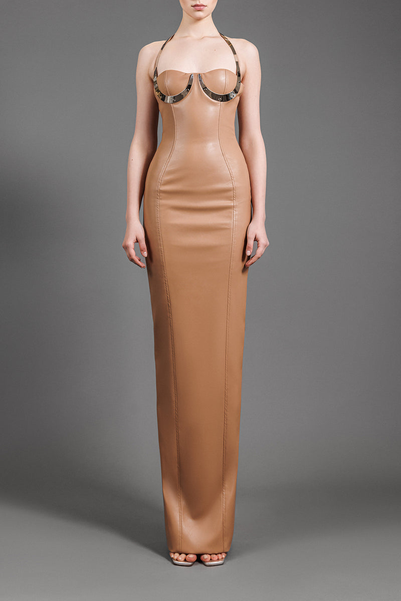 Beige leather dress with metal detailing on bust