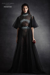 Silk black tulle sheer A-line dress embellished with Swarovski crystals and pearls