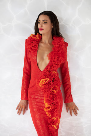 Column dress in sunset orange lamé with silk organza plissé ruffles, plunging neckline and structured shoulders