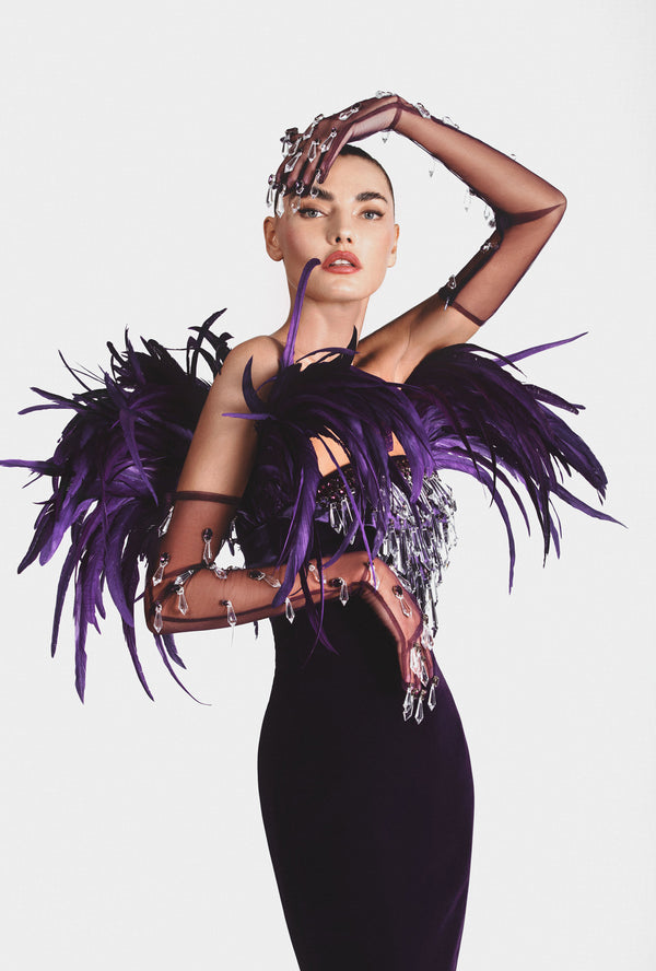 Strapless purple velvet strapless gown, hand embroidered with Swarovski stones, crystal spikes, and finished with coq plumes. Worn with tulle gloves embroidered with stones and dripping crystals