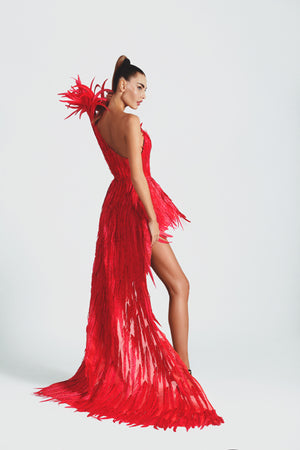 Sweetheart neckline dress in silk organza with an exploded shoulder and skirt volume, hand appliquéd with fiery red plumes and embroidered with Swarovski crystals