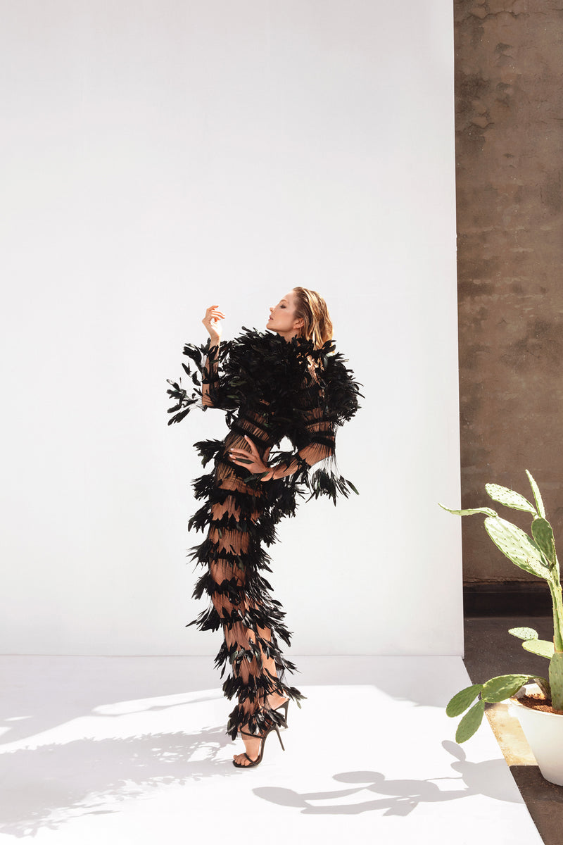 Sheer black tulle dress with  feathers