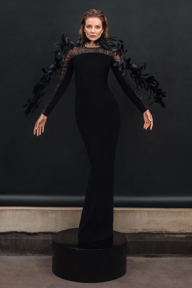 Black column dress with feathers