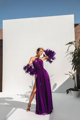 Purple dress with feathered sleeves