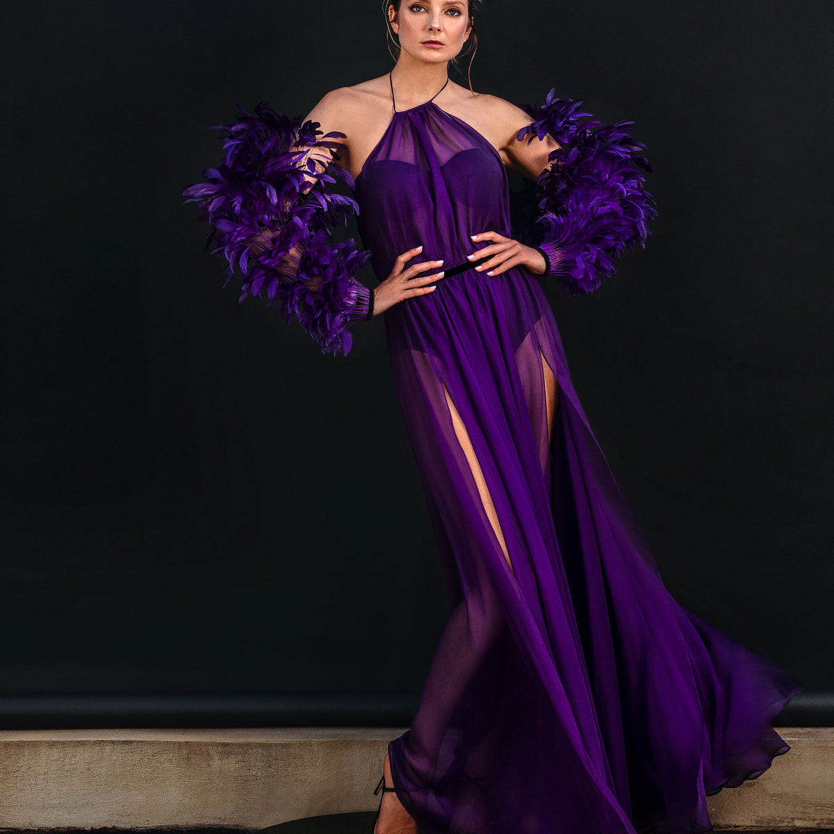 Halter purple dress with feathered sleeves