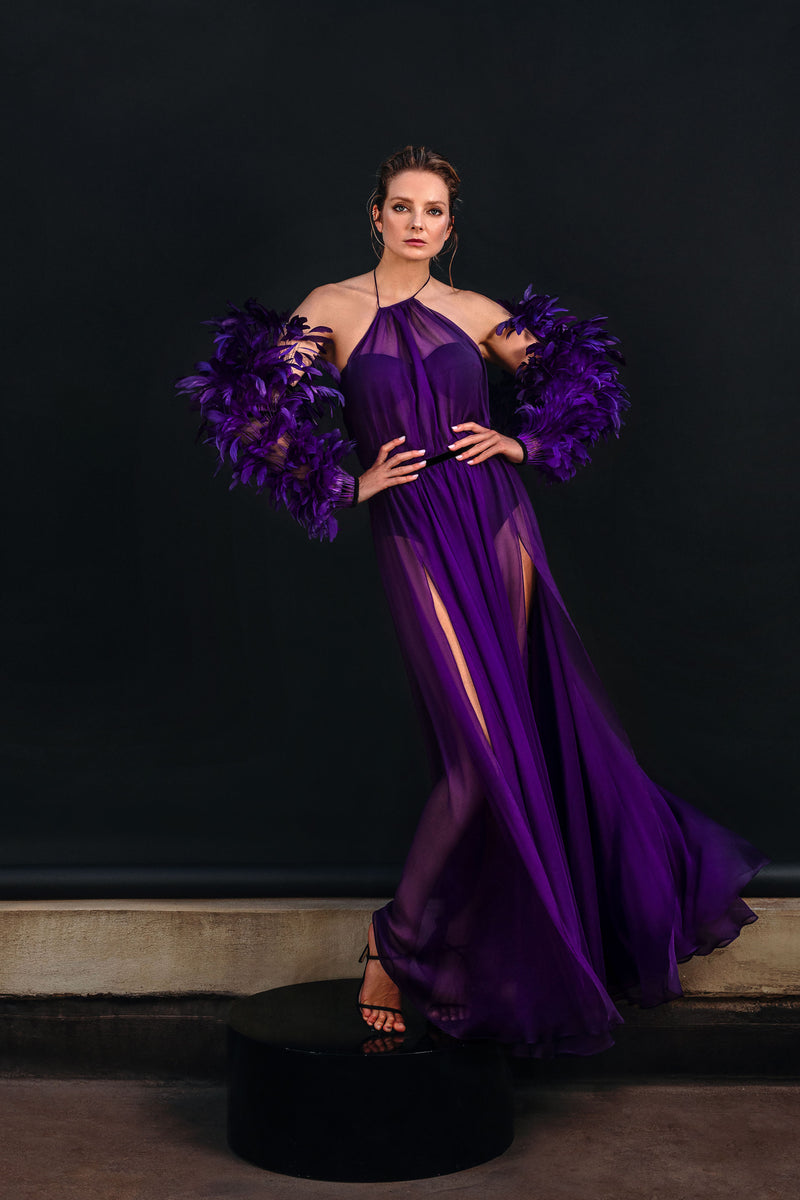 Halter purple dress with feathered sleeves