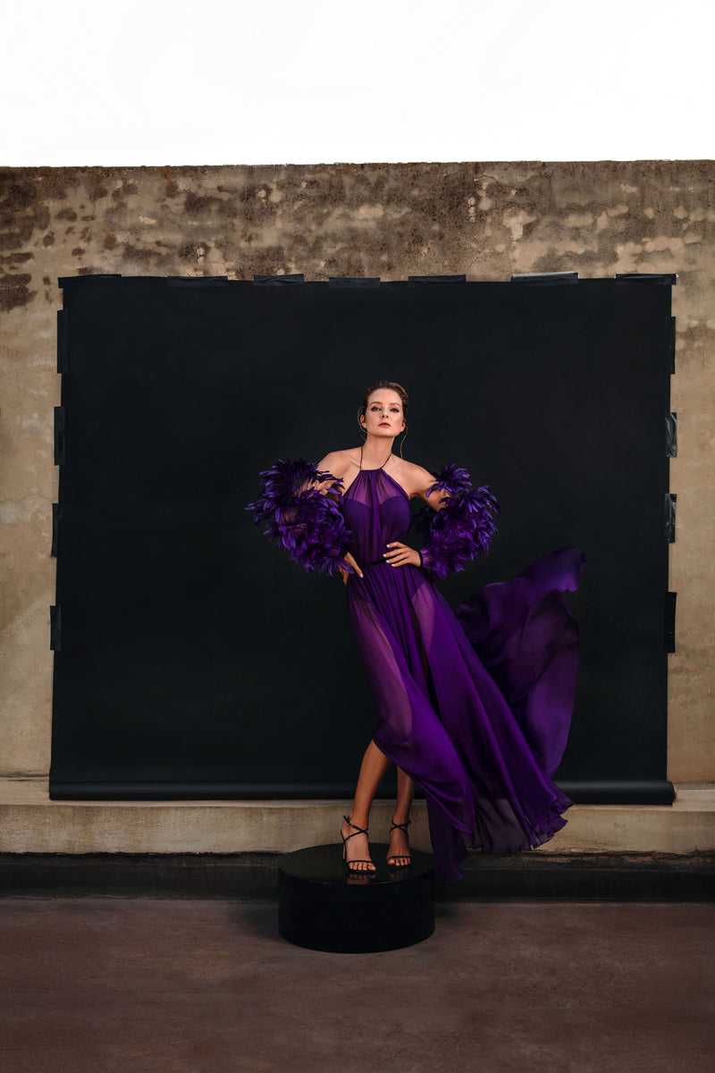 Halter purple dress with separate feathered sleeves