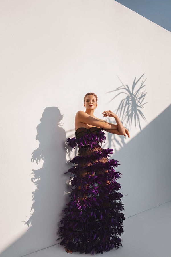 Strapless purple feathers dress