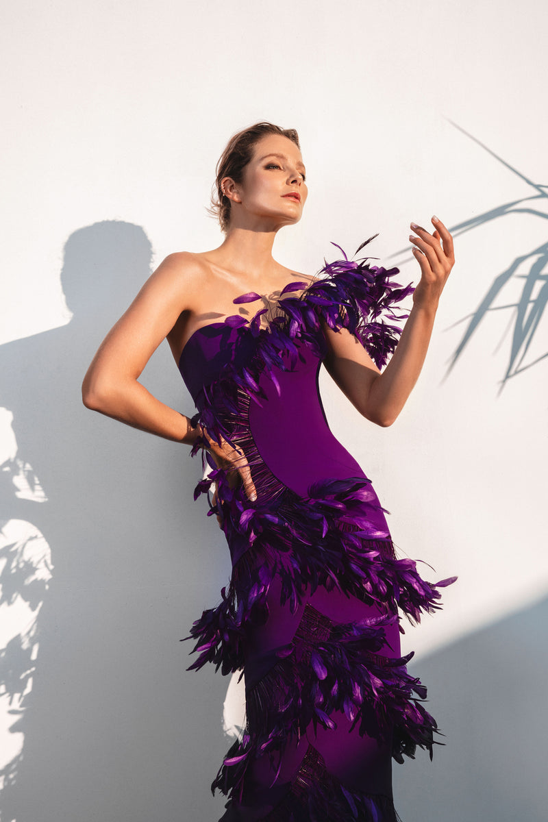 Purple dress with layered feathers