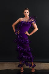 Feathered asymmetrical purple dress