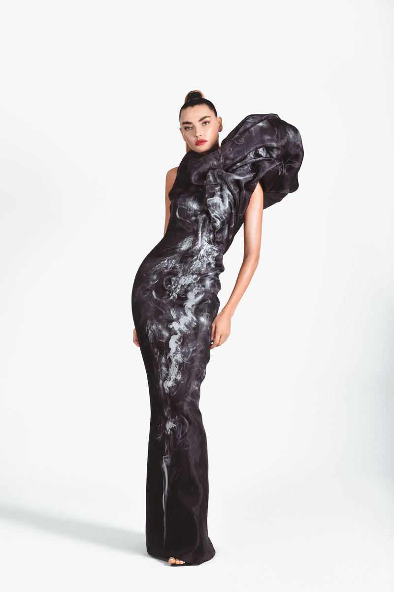 'The Smoke' dress rendered in printed charcoal black organza featuring a hand-draped voluminous smoke cloud exploded shoulder