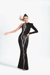 Structured black silk crêpe dress airbrushed with silver mist paint and embroidered with 3D metallic threadwork, crystals and glass beads 